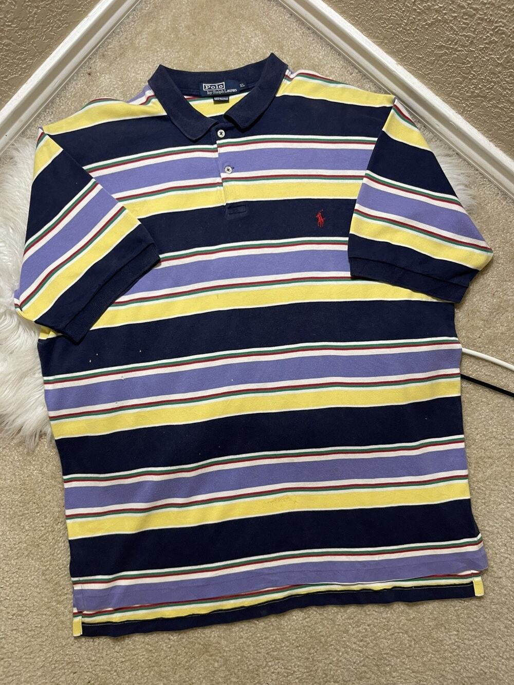 Polo Ralph Lauren Mens XL Polo Shirt Multi Color Stripe Cotton USA Made Vintage